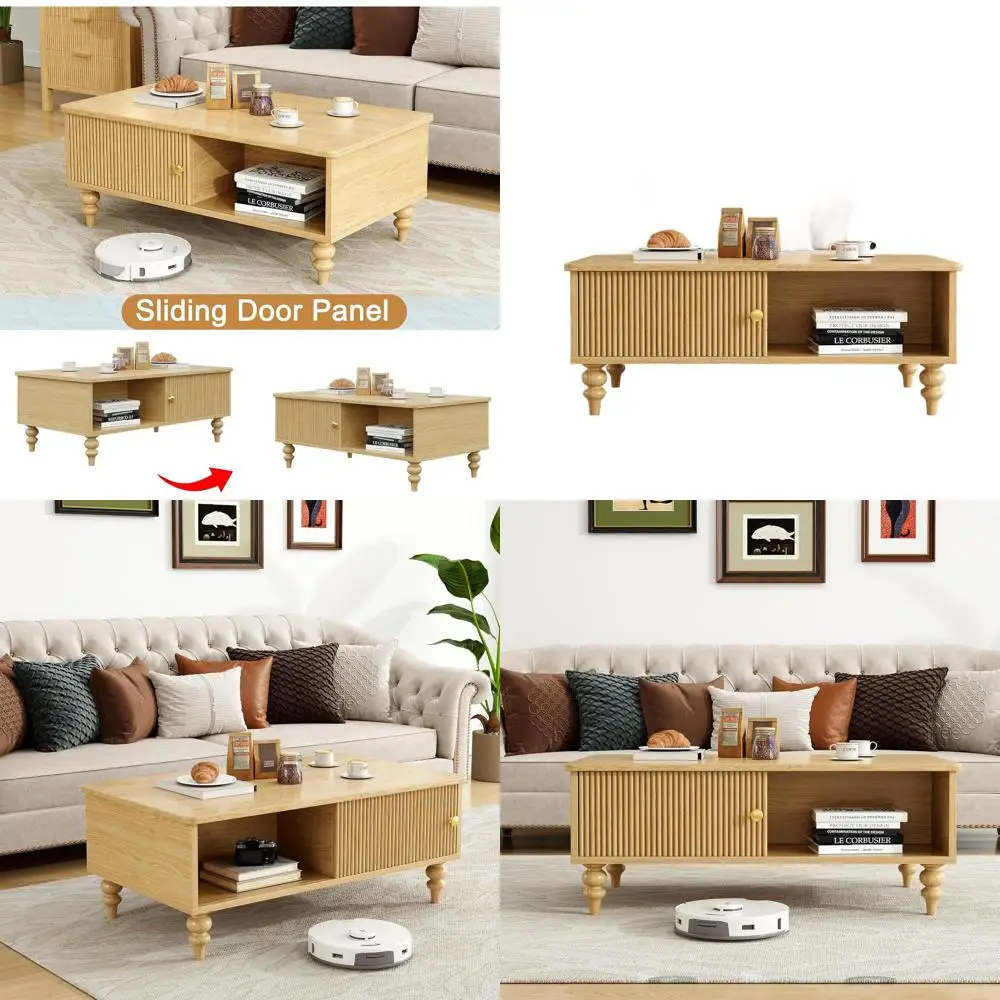 

Mid-Century Modern Wooden Coffee Table with Storage, Slatted Door, Solid Wood Legs, Retro Style, Nature Oak Finish for Home, Off