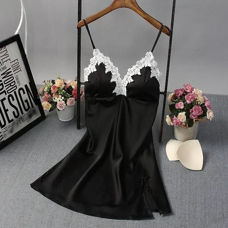 

Black Spaghetti Straps Lace Satin Sleep Dress Women Sexy Lingerie Pyjamas Sleepwear Nightgown Nightdress