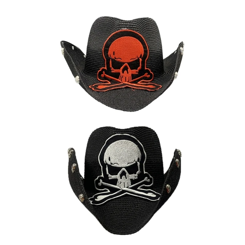 

Punk Style Cowboy Straw Weaving Hat for Men Western Cowboy Hat with Embroidery Skull Model Cowboy Summer Sunproof Hat