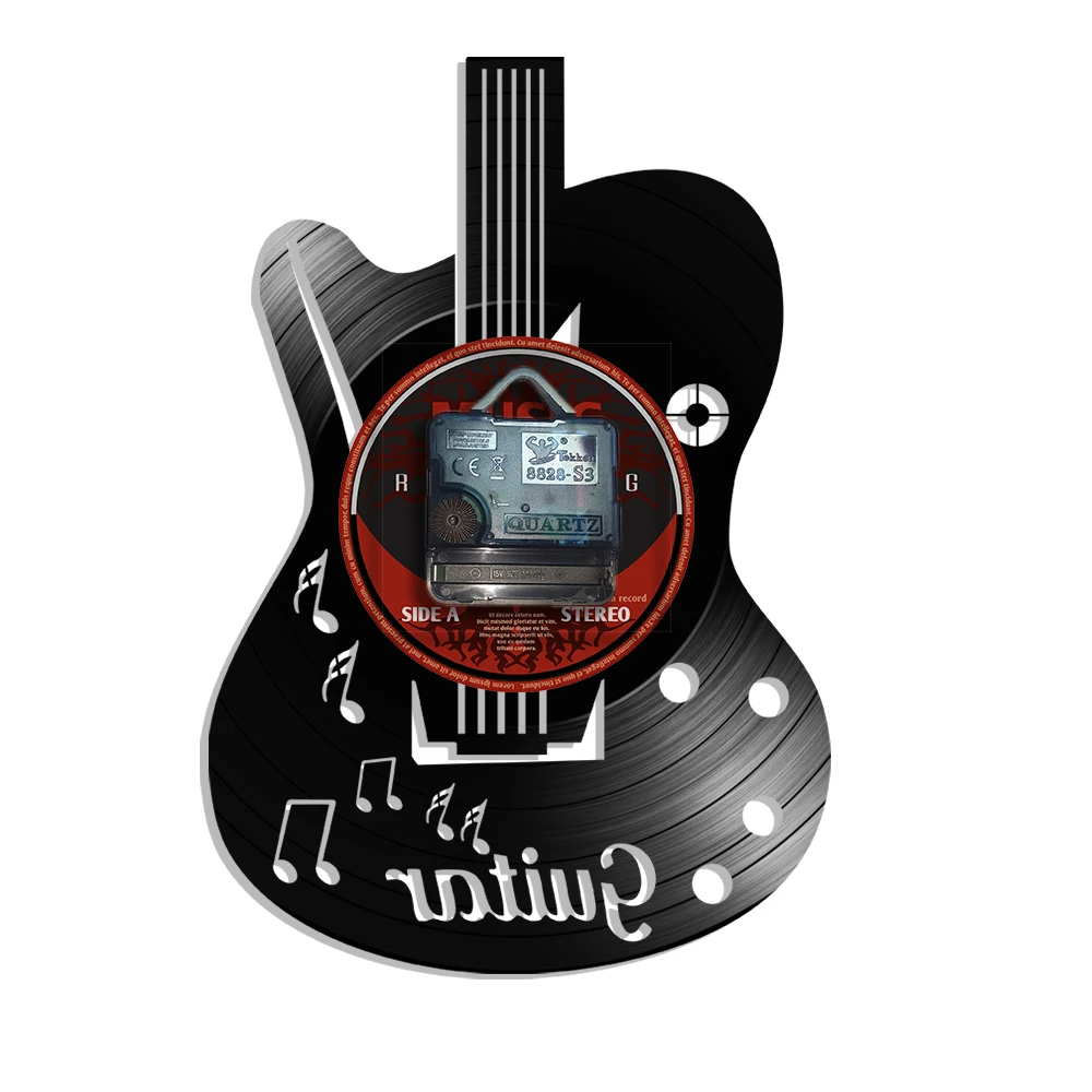 قطع الليزر ألبوم الموسيقى المخصصة الغيتار ساعة حائط مع نص مخصص شخصية عازف الجيتار اسم مسجل فينيل على مدار الساعة أفكار هدية الموسيقى