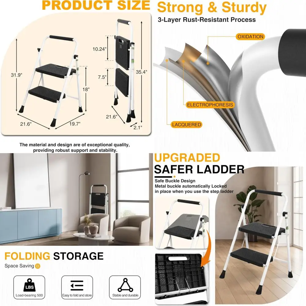 

Двухступенчатая лестница, портативная складная стальная стремянка с широкими противоскользящими ступенями и удобной ручкой, прочная стальная лестница на 227 кг, белая