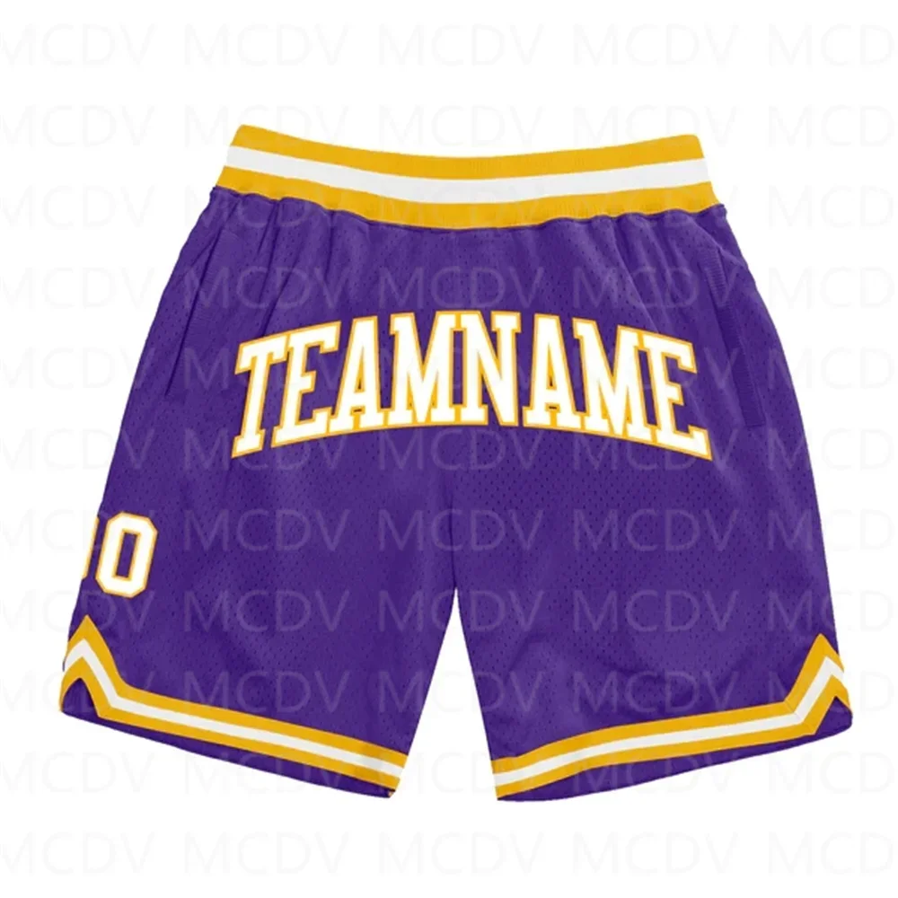 Custom Purple White-Gold Authentic Throwback Basketball Shorts  3D All Over Printed Men's Shorts Quick Drying Beach Shorts