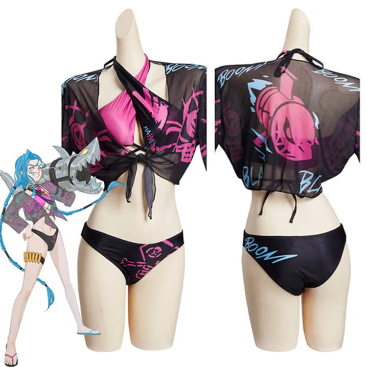 Arcane LoL Jinx Cosplay Costume Outfits Halloween Carnival Suit Swimsuit Sexy Bikini Summer Swimming Pool Party Dress