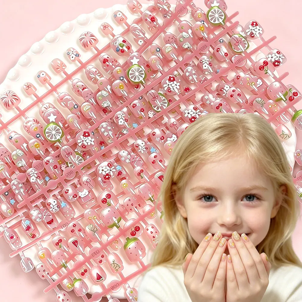30 Stück niedliche kurze, runde Cat-Eye-Press-On-Nägel für Kinder, Kawaii-Kirsche, Zitrone, Erdbeere, künstliche Nägel, vollständige Abdeckung, künstliche Nägel für Kinder, D3^ – Detail 1