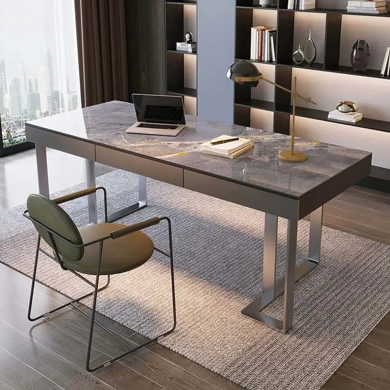 Modern Luxury Stainless Steel Executive Working Office Desk Rock Plate Desk Nordic Simple High-end Writing Desk With Bookcase