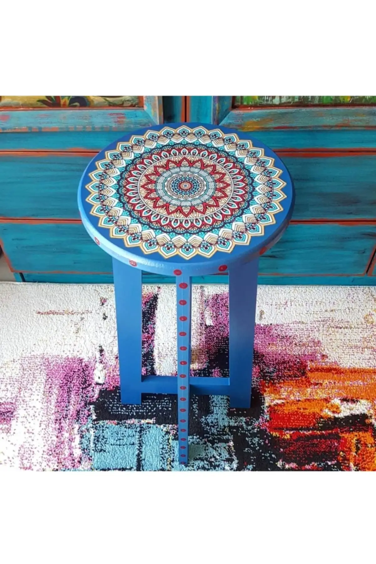 Wood Mandala Pattern Coffee Table And Stool Hand labor