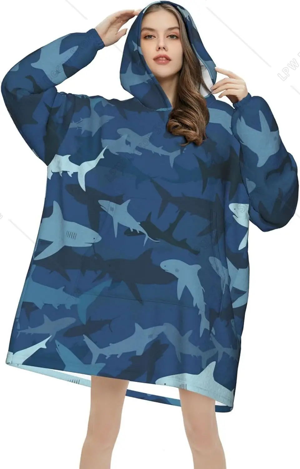 Cartoon Shark Wearable Blanket Hoodie Shark Print Oversized Sweatshirt Blanket Cozy Warm Sherpa Hooded Blanket