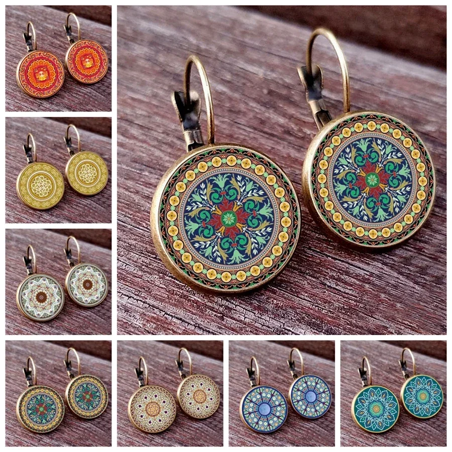 Ancient pattern grotto art glass dome round pendant earrings for women, mysterious vintage pattern earrings for women\'s gifts