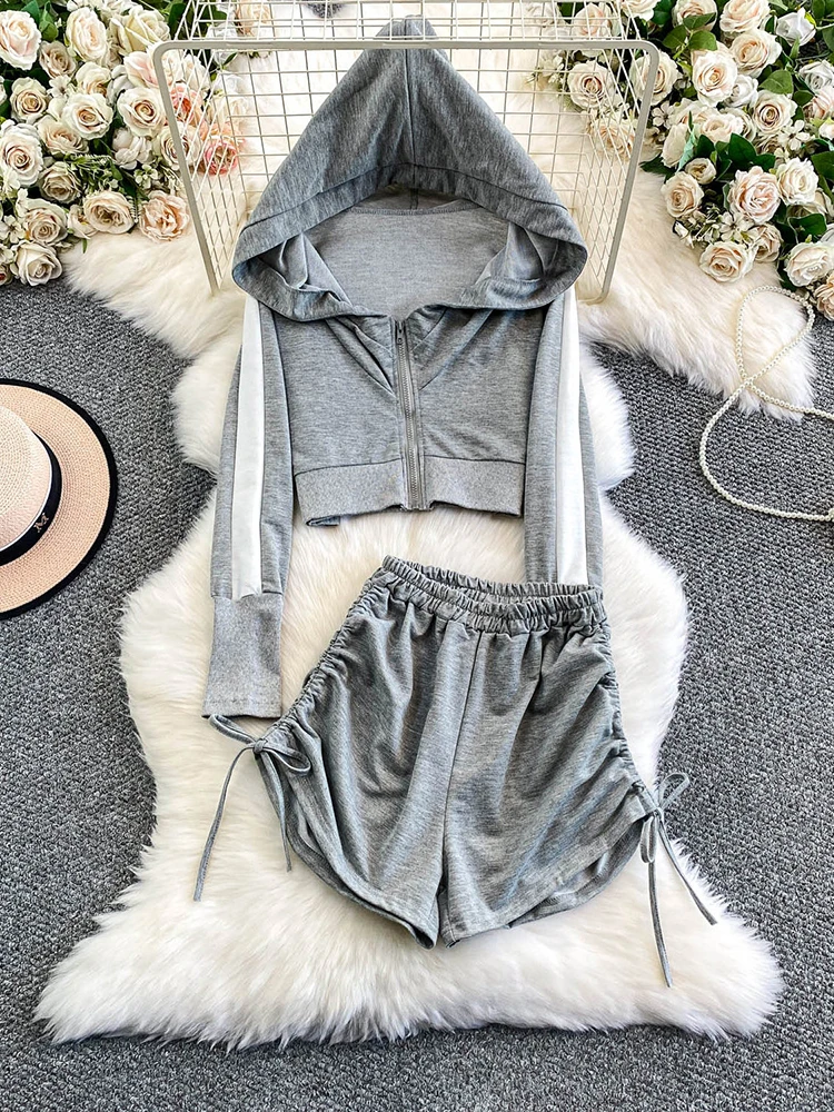 

Casual set women's spicy girl short style striped color blocking hooded jacket+drawstring shorts slimming two-piece set