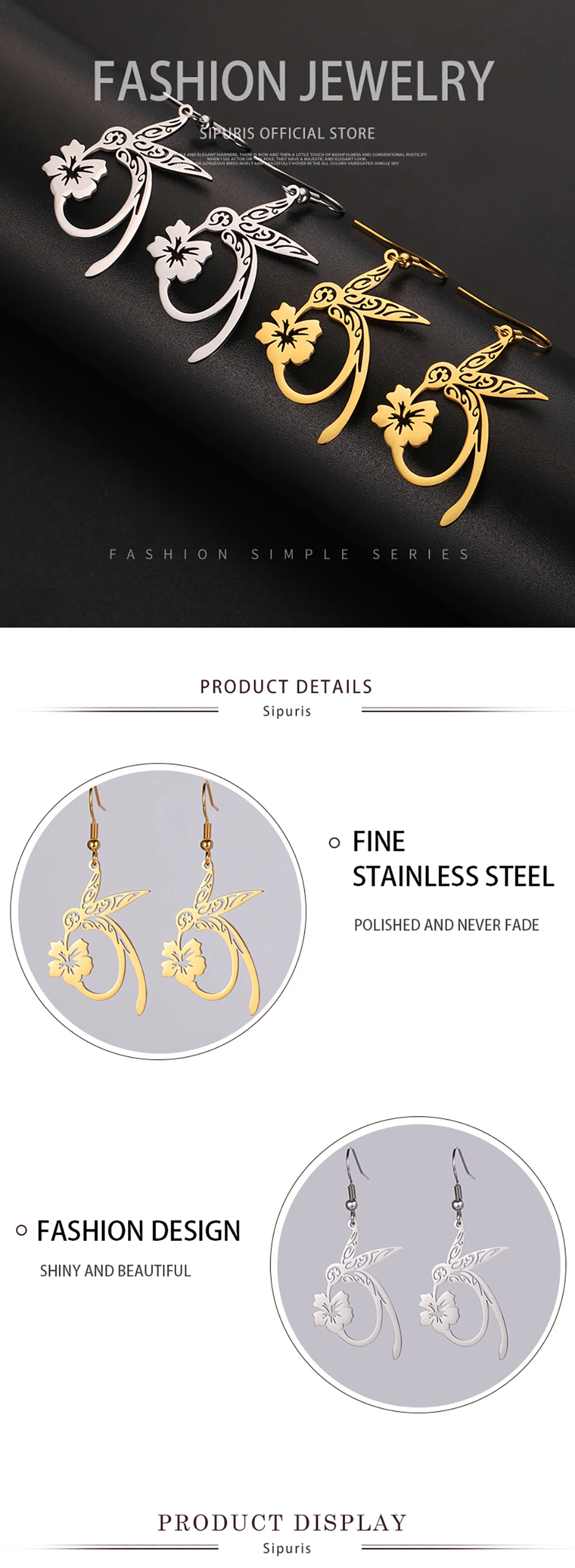 Sipuris Kolibris sammeln Honig Hohle Ohrringe für Frauen Edelstahl Goldfarbe Niedlicher Lustiger Tier-Schmuck Weihnachtsgeschenke – Detail 5