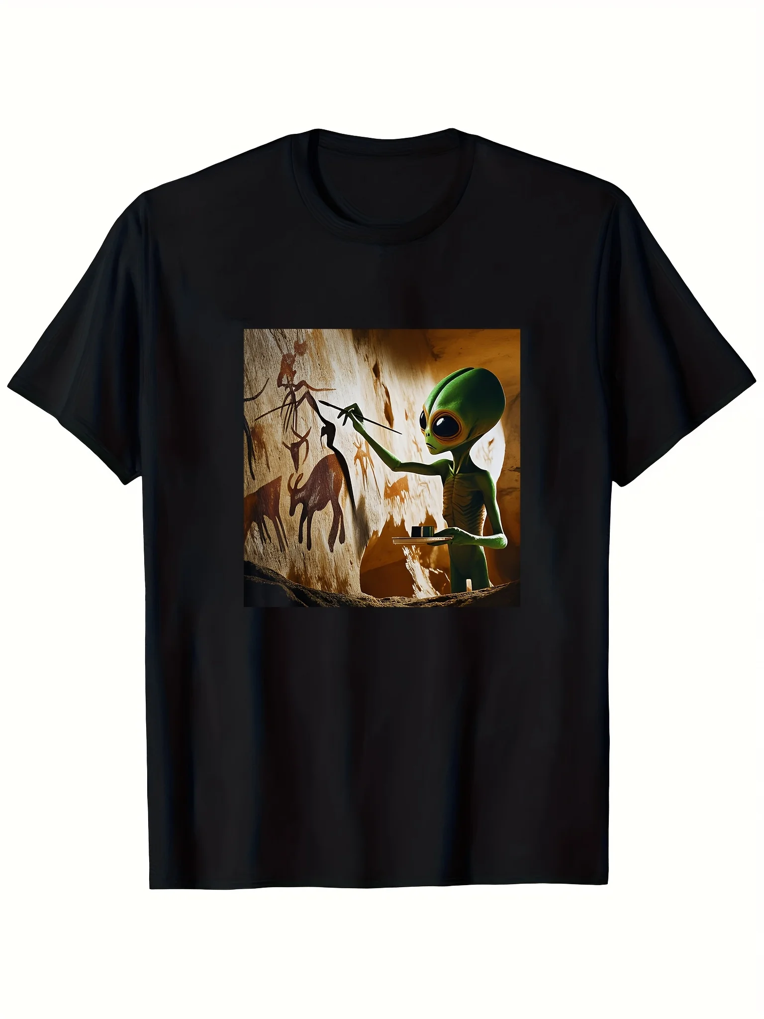 1pc Alien Cave Art T-Shirt - Made from , Soft And Breathable, Featuring a Black Color with a Green Alien And UFO Cave Painting Design. This Casual Round Neck Tee Is Suitable for Both Men And Women