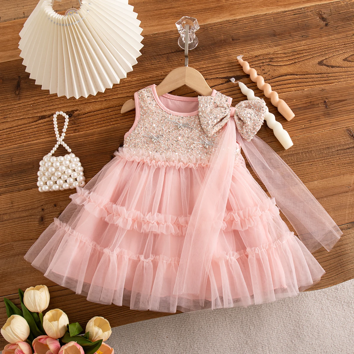 Baby Girls' Dresses Summer Sequin Tulle Sleeveless Baby Dress Cute Bow Girls' Dress Baby Girl Clothes