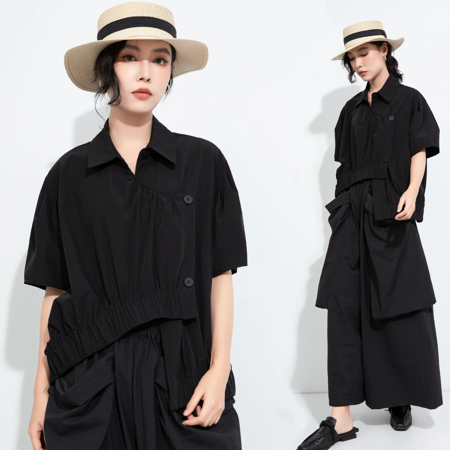 

Dark Style Short Sleeve Asymmetric Flip Collar Loose Women's Shirt Casual Comfortable Polyester Fiber Resistant to Deformation