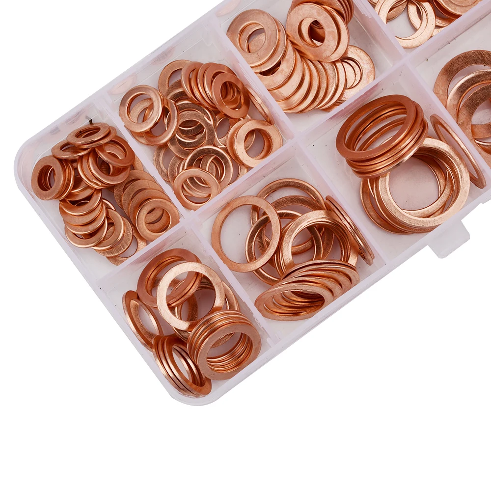 200Pcs/set Copper Washer Oil Seal Gasket Flat Washer O-Ring Seal Assortment Kit with Box M5 M6 M8 M10 M12 M14 for Sump Plug