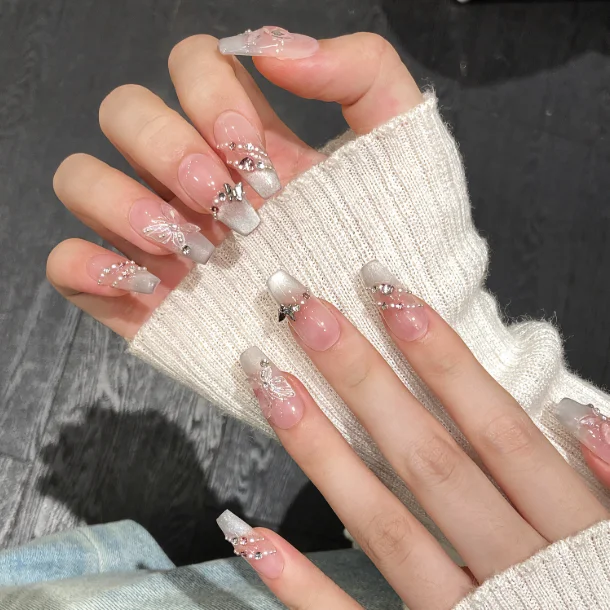 Pink Cat Eye Butterfly Press On Nails, Silver Chrome French False Nails