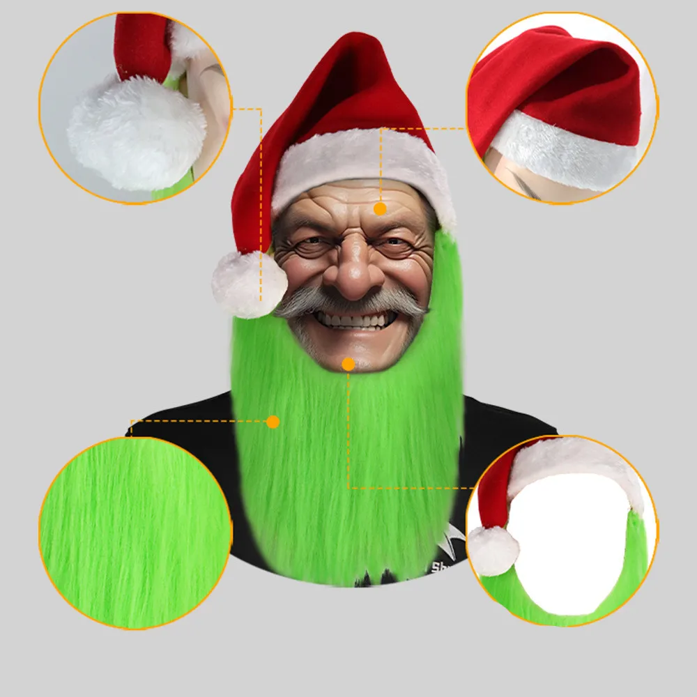 Grüne Bart-Weihnachtsmütze für Herren mit pelzigen Handschuhen für Erwachsene, Weihnachts-Cosplay-Kostümzubehör – Detail 2