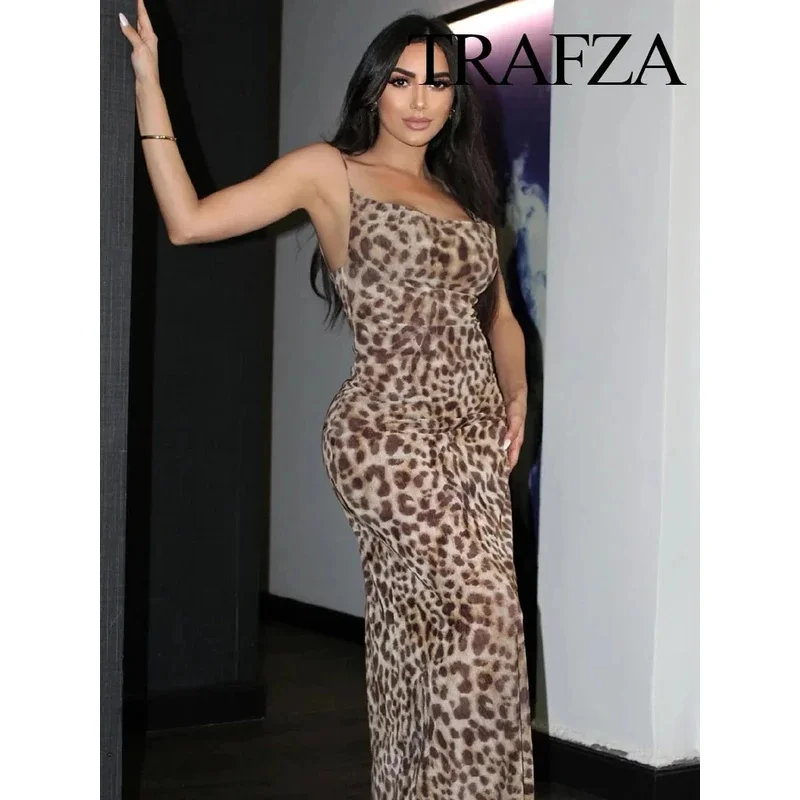 TRAFZA Damska Sukienka Letnia w Leopardzi Wzór Bez Rękawów z Odkrytymi Plecami na Ramiączkach, Długa Sukienka Plażowa w Stylu Vintage, Wyszczuplająca, Codzienna