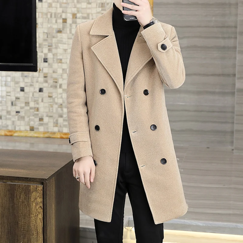 High Quality Men's Woolen Coats Business Casual Solid Color Mid-Length Windbreaker Jackets Streetwear Overcoat Thick Warm Trench