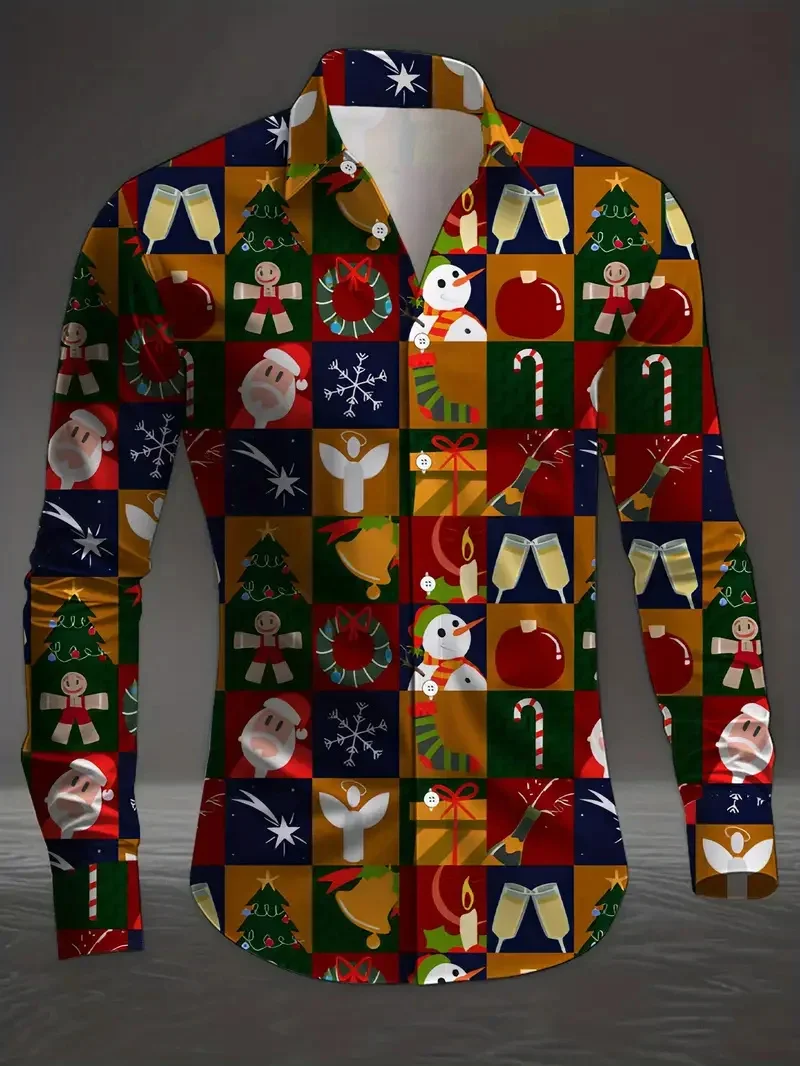 

2026 New Men's Festive Holiday Party Long Sleeved Shirt with 3D Christmas Print, Fashionable Elegant Snowman New Year Soft Shirt