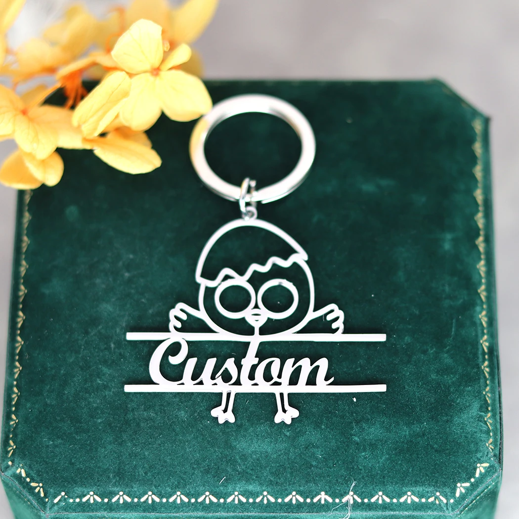 QIAMNI Animal Bird Eggs Keychains Stainless Steel Personalized Customized Name Keyrings for Car Bag Key Chains Women Jewelry