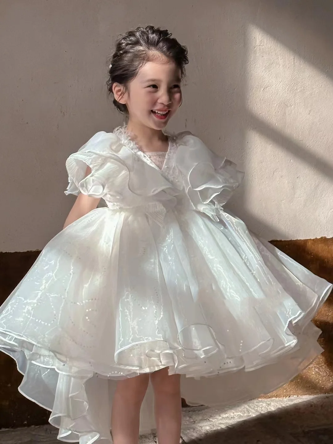 New Ivory White Flower Girl Dress for Wedding Hi-Low V Neck Girls Prom Birthday Party Gowns First Communion Dress