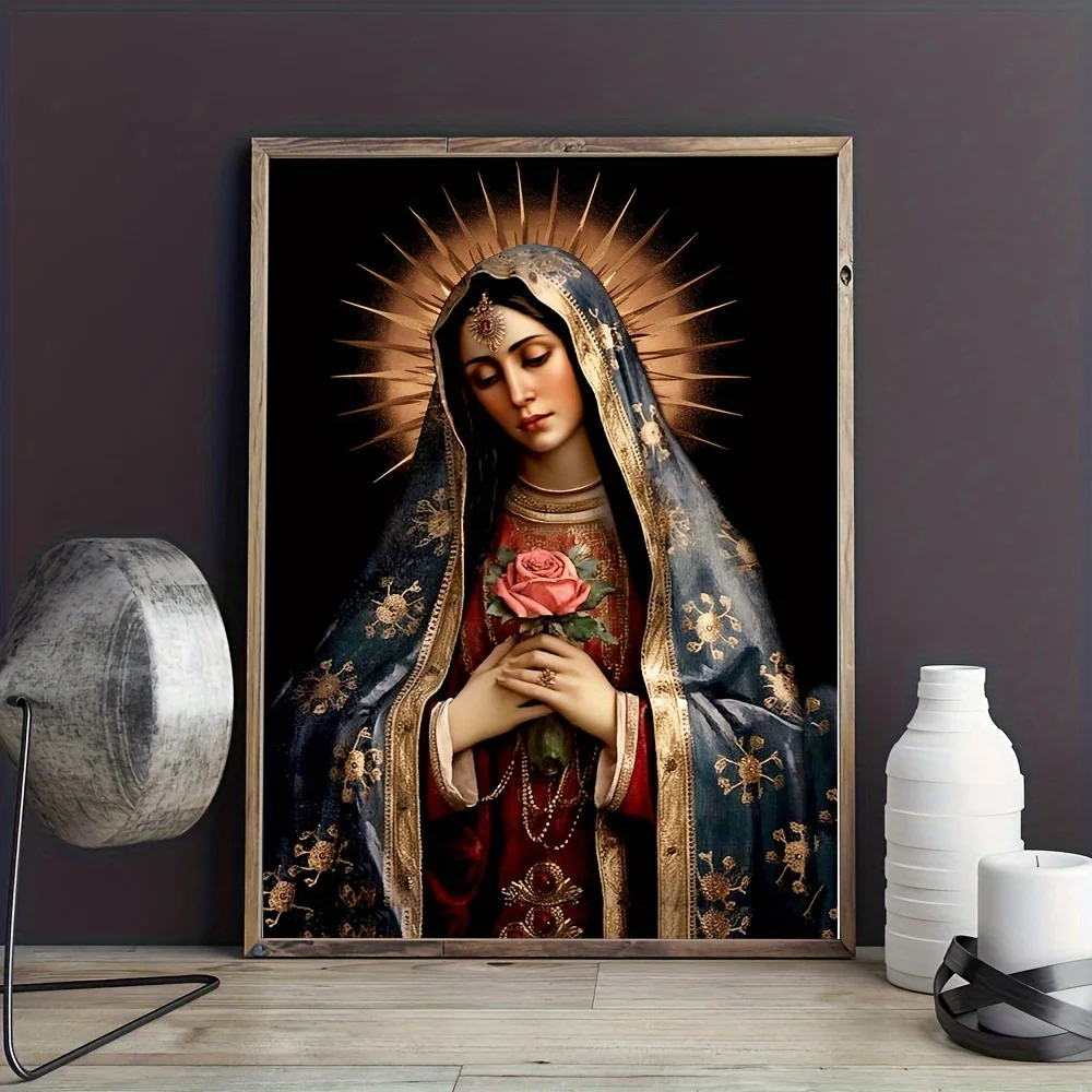 Canvas Poster Divine Grace Virgin Mary with Pink Rose and Gold Sun Canvas Print Room Decor Home Decor Unframed Canvas Painting