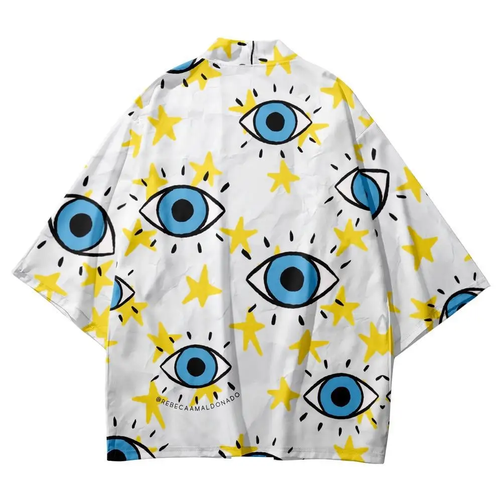 Letnia para kobiet Haori Yukata Streetwear Casual Cartoon nadruk z okiem czarne Kimono plażowe szorty kardigan