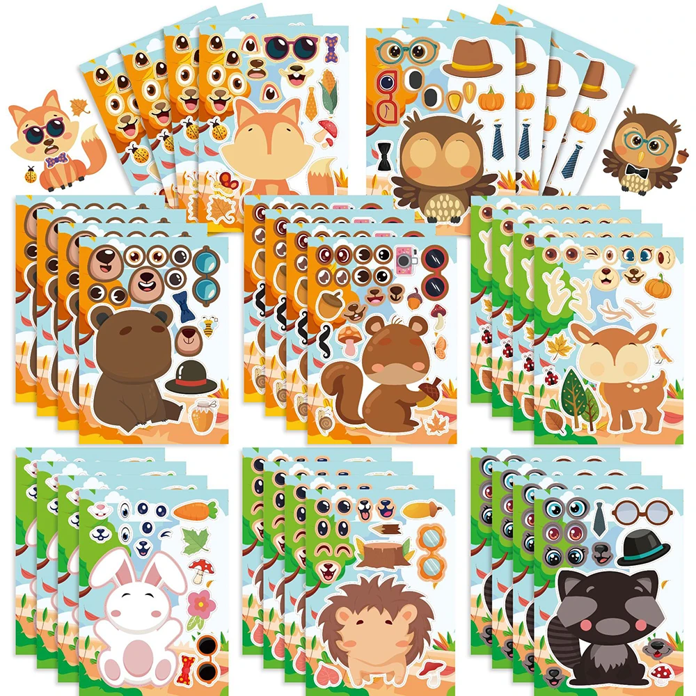 8/16Sheets Children DIY  Animal Puzzle Sticker Games Owl Bear Deer Assemble Jigsaw Funny Kids Educational Toy Boys Girls Party