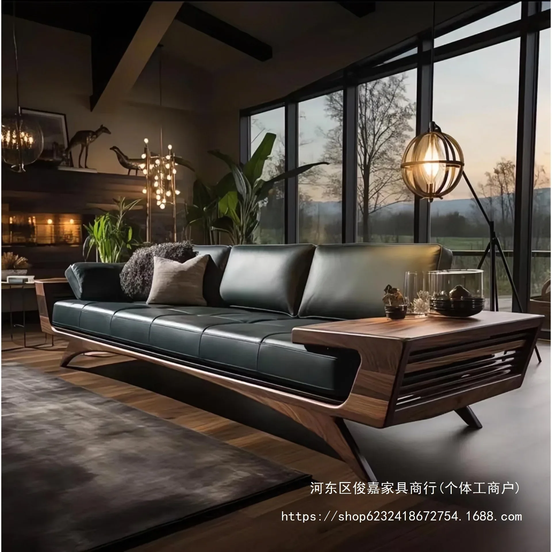 2026 New Chinese Sofa Living Room Three or Four Seats Solid Wood Office Inline Leather Art Sofa