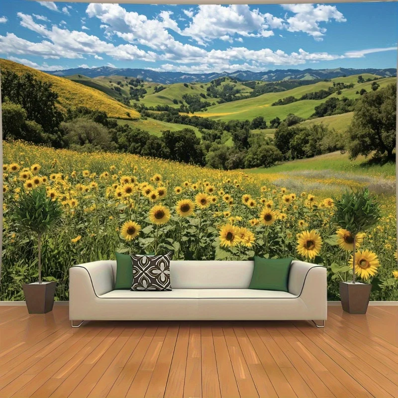 Spanish Style Sunflower Field Landscape Tapestry Living Room Bedroom Wedding Party Polyester Fiber Background Wall Hanging