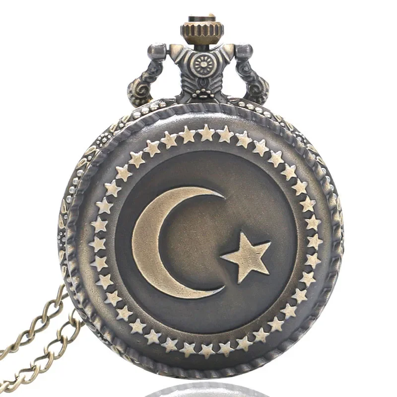 Antique Turkey Flag Star Moon Design Men Women Quartz Pocket Watch Full Hunter Pendant Necklace Chain Clock Reloj de bolsillo