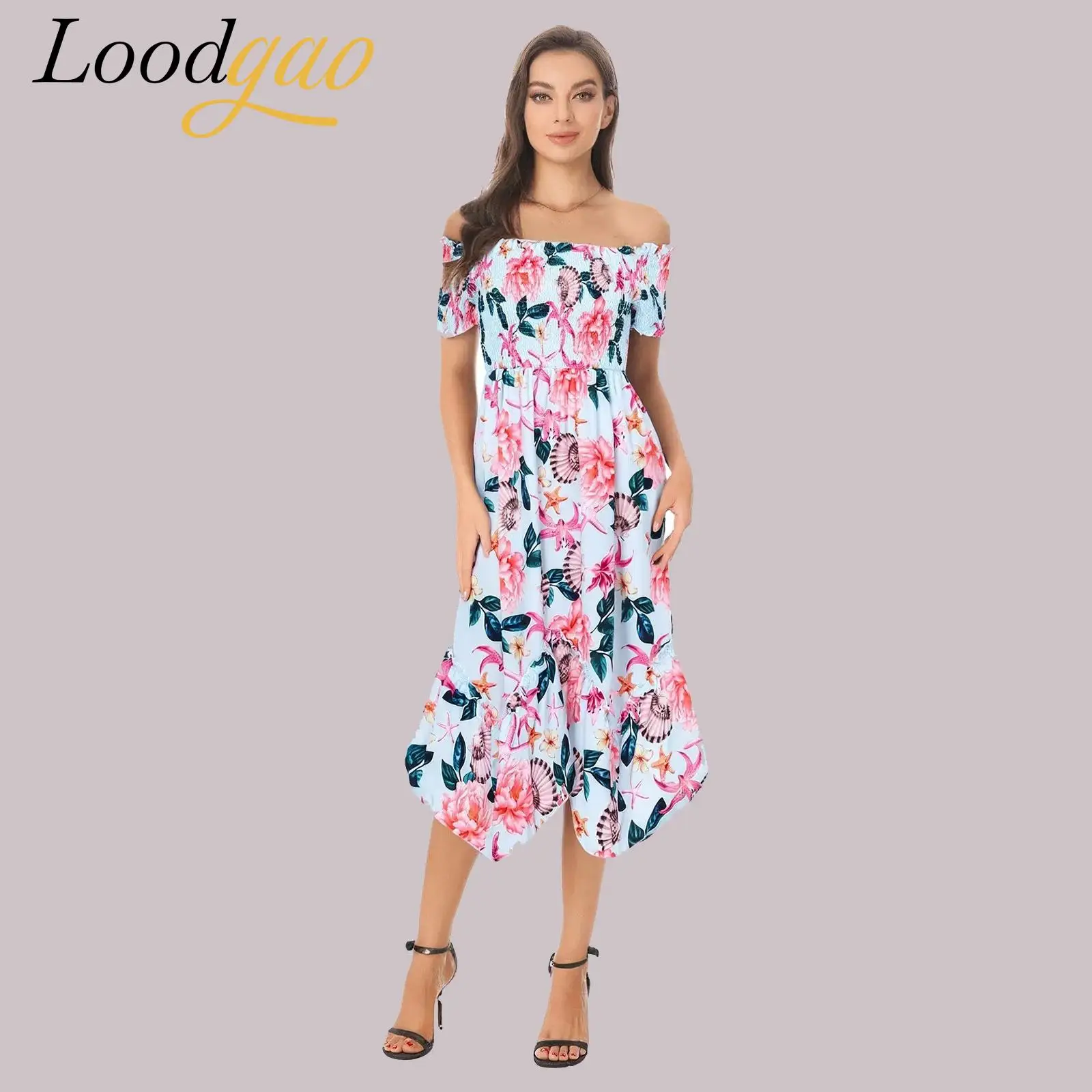 Vestidos florais femininos fora do ombro bainha irregular boho vestido casual praia férias festa vestido de verão feminino roupões de cintura alta