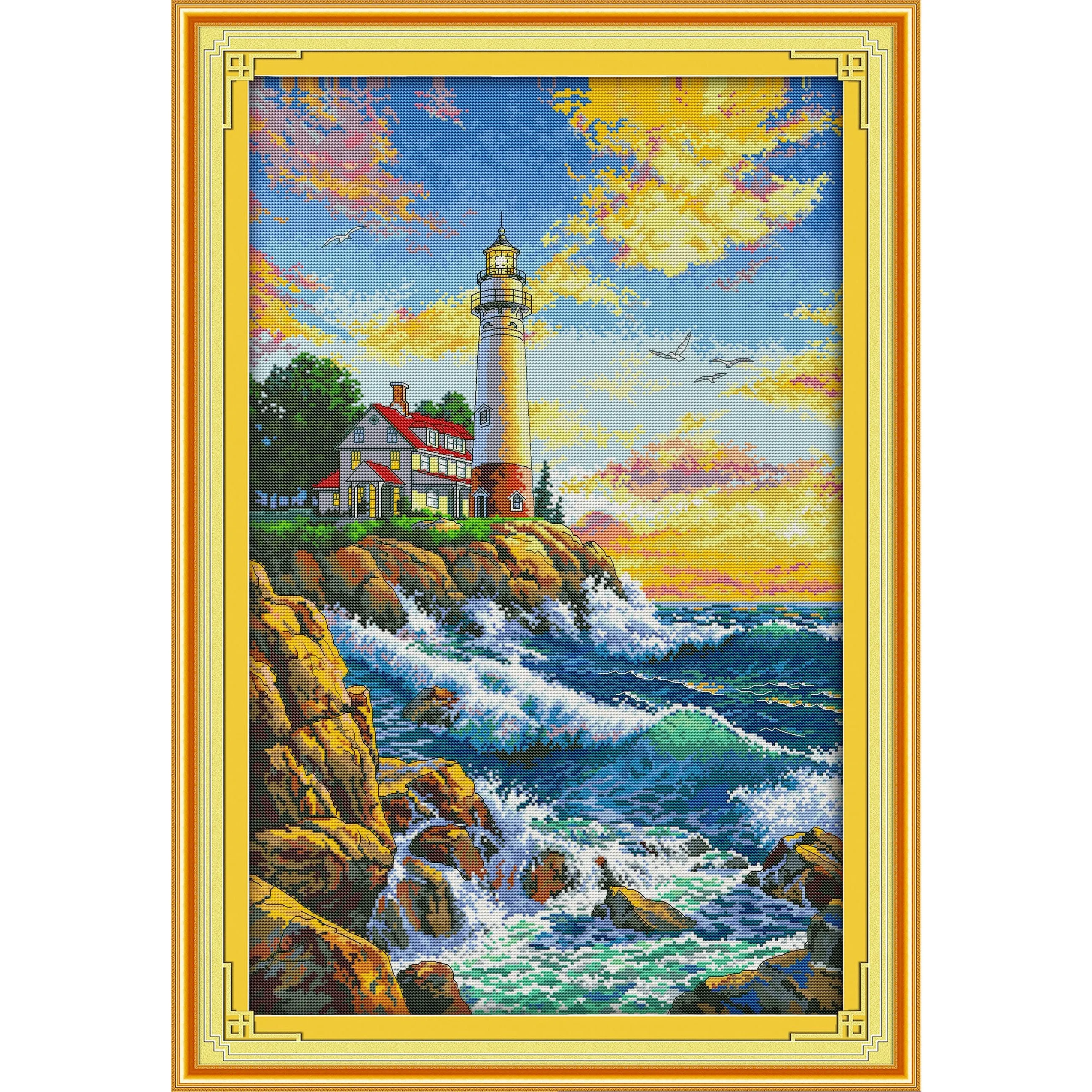 

Soulgift News Pre-Printed Cross Stitch Kit, Stamped Aida Fabric with DMC Threads, Embroidery Kit - Seaside Lighthouse 2