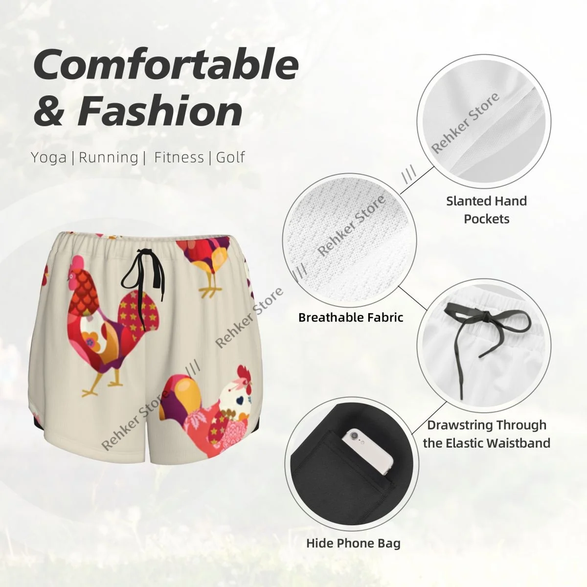 Kolorowe szorty sportowe damskie z podwójną warstwą, szybkoschnące, z symbolem kogucia, do biegania, fitnessu, treningu i rekreacji na świeżym powietrzu.