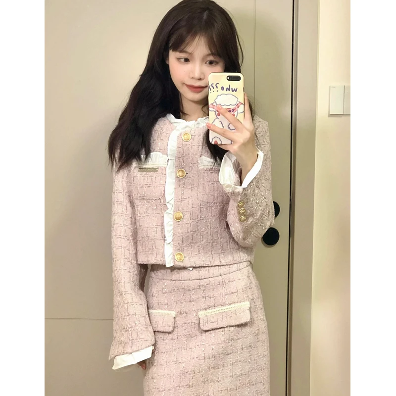 

UNXX Pink Tweed-inspired Set for Women, 2024 Autumn/winter New Socialite-style Lace-trimmed Short Jacket with High-waist Skirt