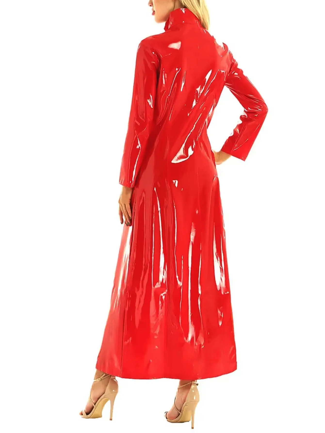 Damen Sexy Glänzender Wet-Look PU-Leder Langer Trenchcoat mit Hohem Kragen und Reißverschluss Vorne Clubwear Party Streetwear Kunstleder-Mantel Neu – Detail 8