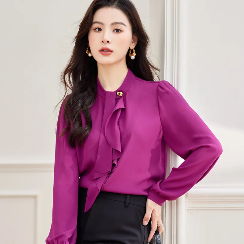 Fashion Elegant Styles Blouses for Women Standing Collar Chiffon Shirt Spring Autumn Formal OL Professional Female Tops Clothes