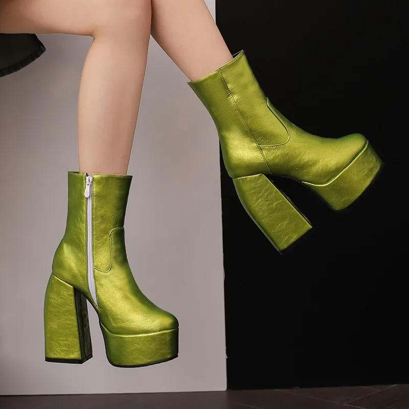 2023 New Sexy Chunky High Heels Ankle Shoes For Women Punk Style Zipper Thick Platform Green Blue Red Short Booties Plus Size 47