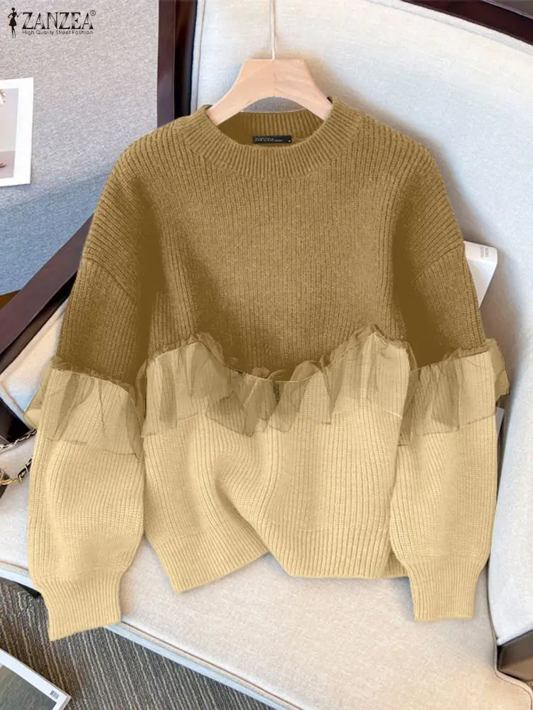 Zanzea moda coreana moletom feminino outono aconchegante gota-ombro manga malha retalhos contraste-cor pullovers roupas femininas