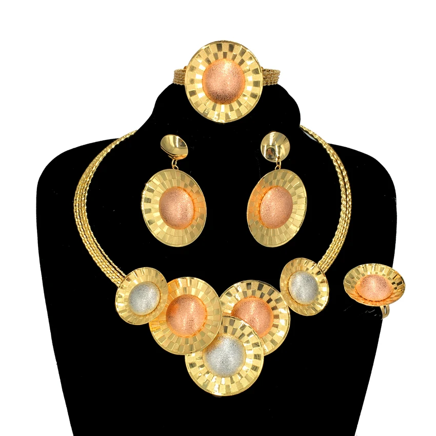 

Best Selling Female Necklace And Earrings Set Dubai Gold Plate Bracelet Ring Colorful Wedding Jewelry Sets FHK13730