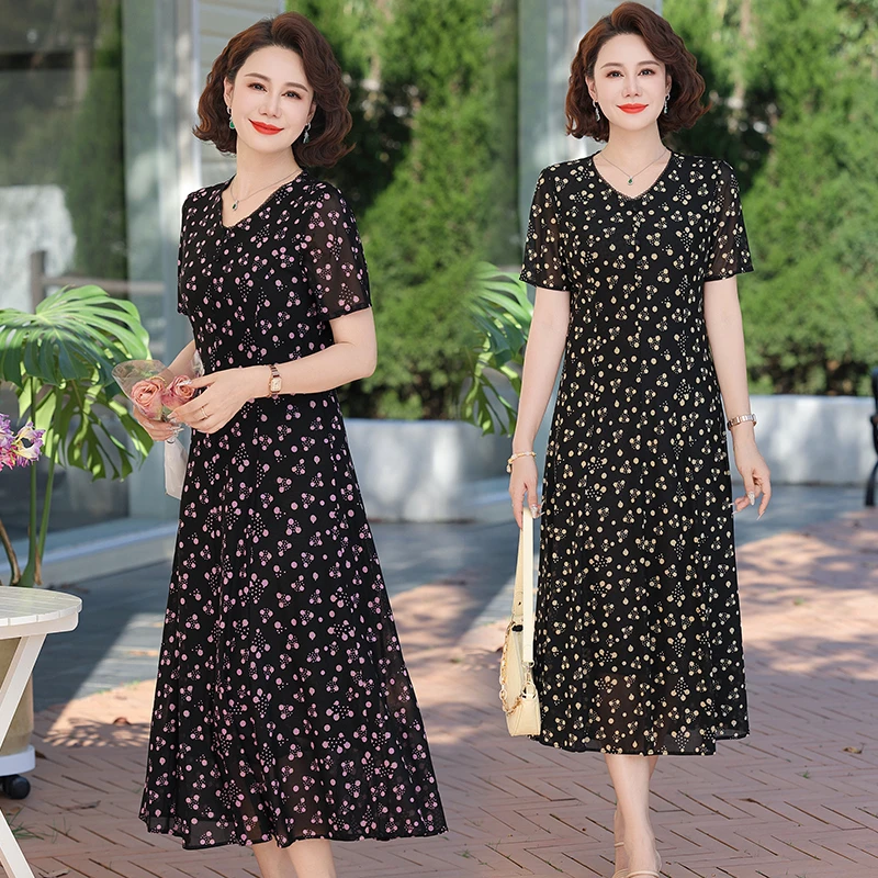 

Women's Floral Printing Chiffon Dress V-Neck Elegant Office A-line Fairy Dresses Chic Women Party Vestido