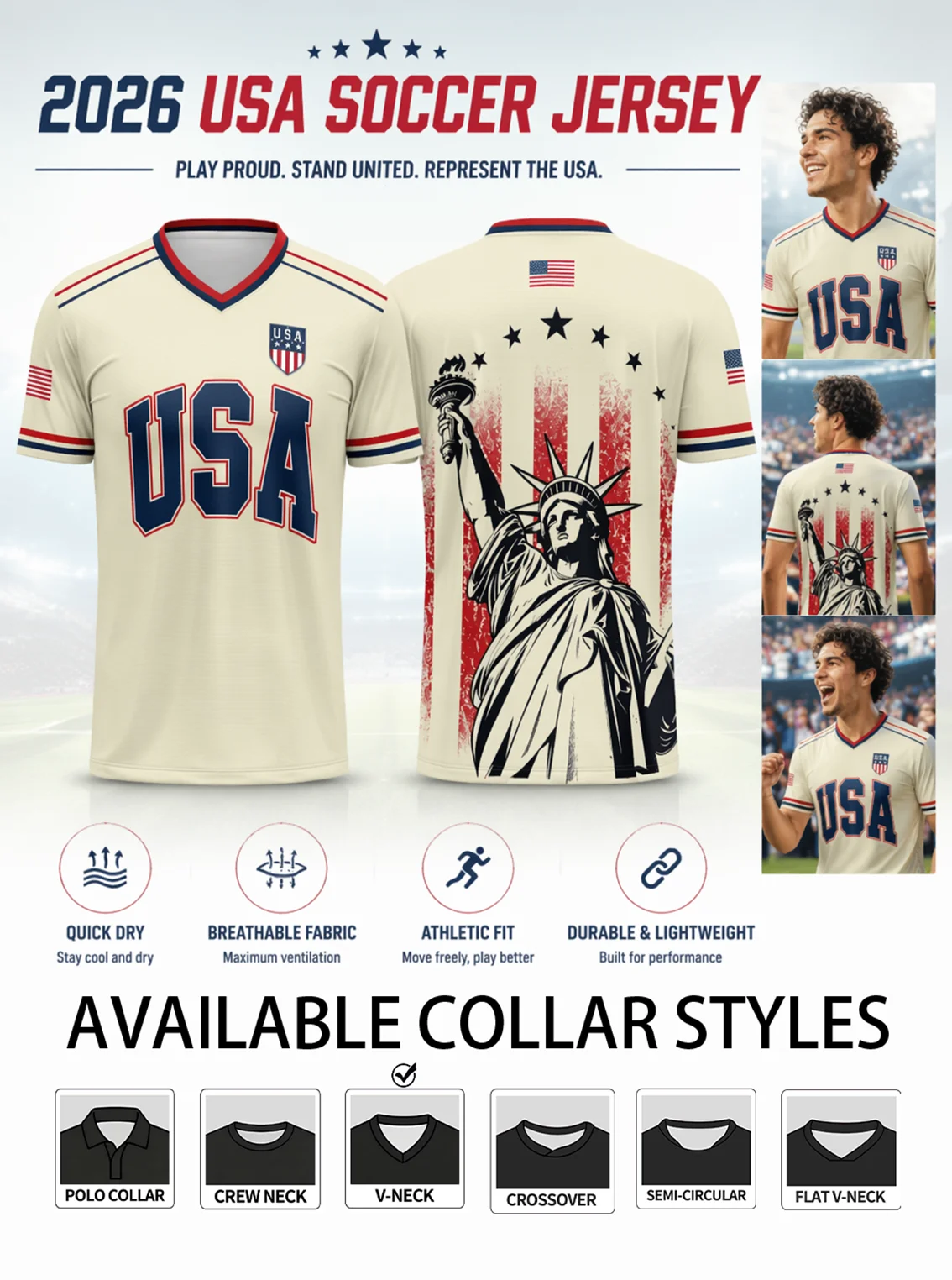 Classic USA printed soccer apparel, tough lightweight textile, suitable for matches and daily outfits
