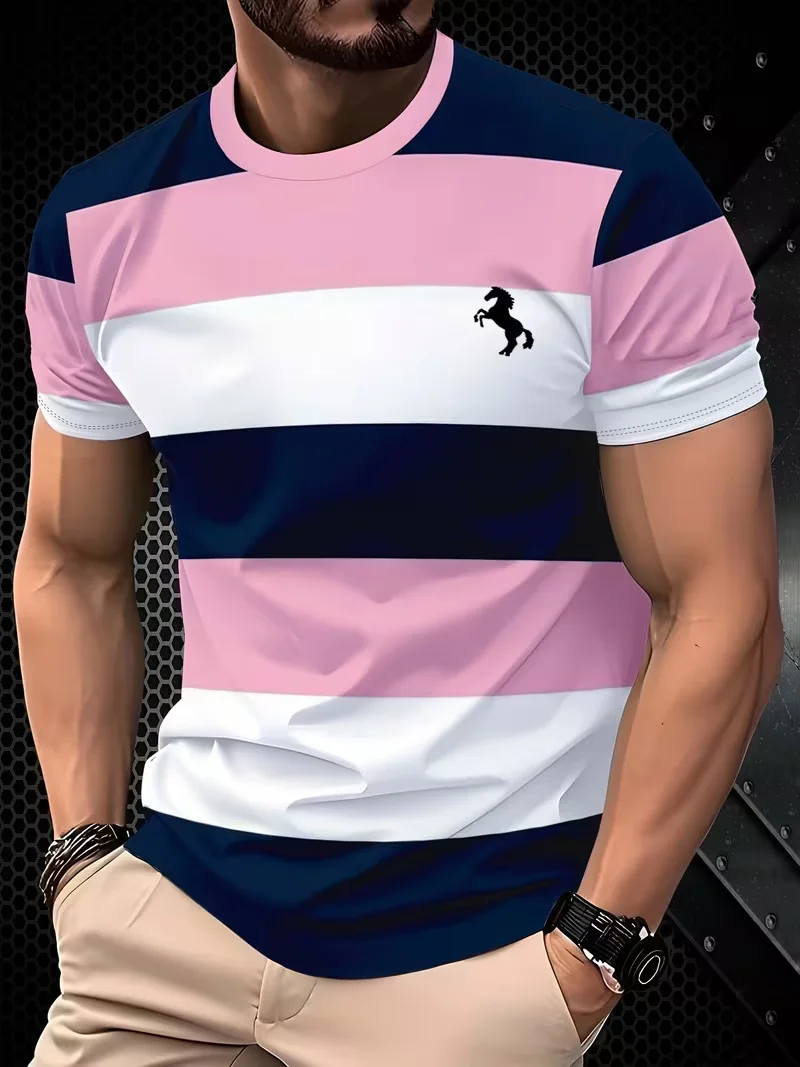 men short sleeve crew neck tee, two tone color matching horizontal stripe and horse print, simple casual daily outdoor top