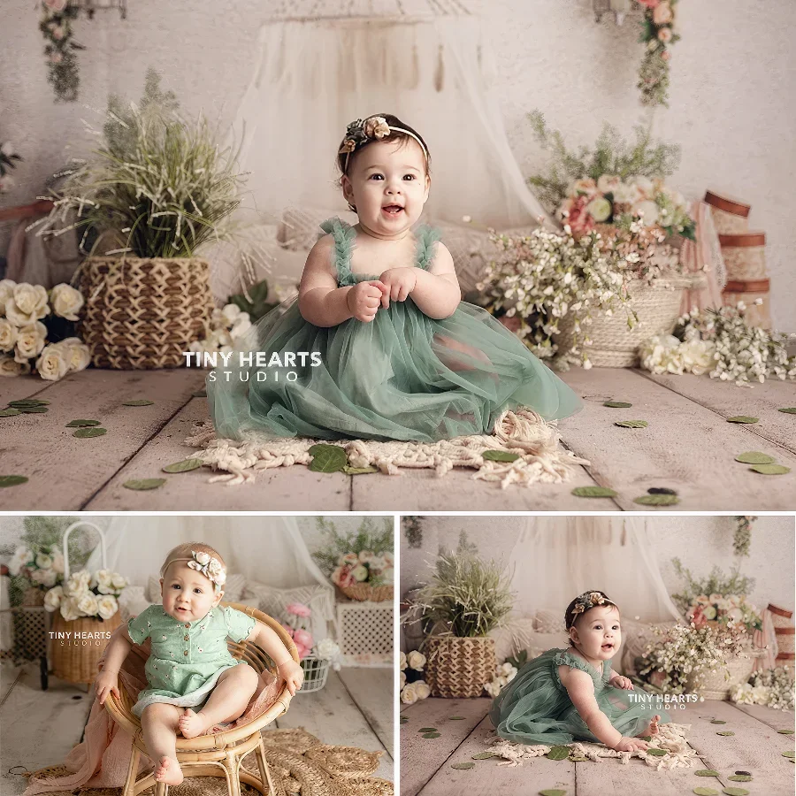 

Baby Shower Background Birthday Decoration Greenery Bohemia Country Style Decorat White Cake Smash Portrait Backdrop Photography