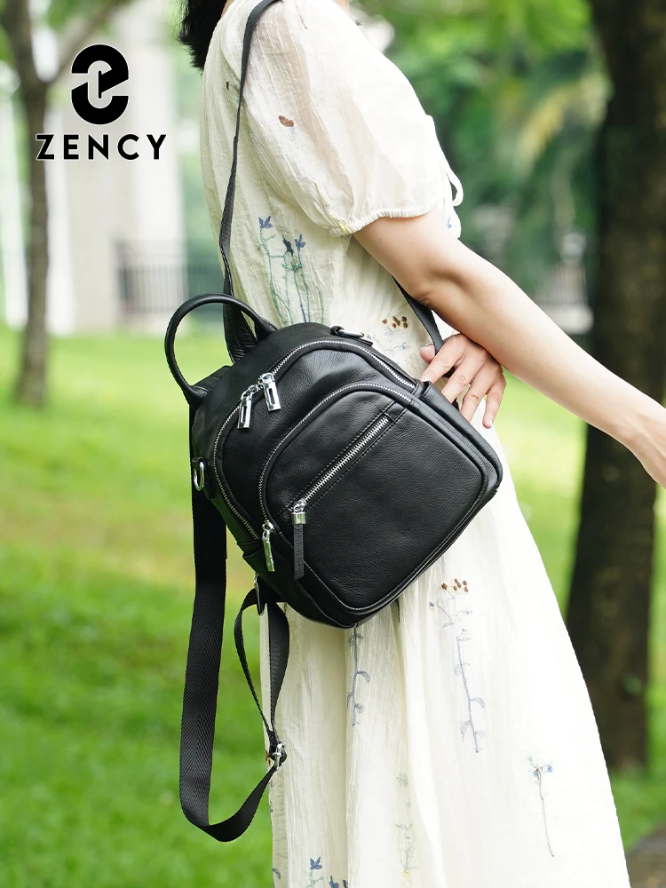 Zency Genuine Leather Women Bag 2026 Women's Natural Leather Bag Small Travel Backpack Multi Pockets Satchels
