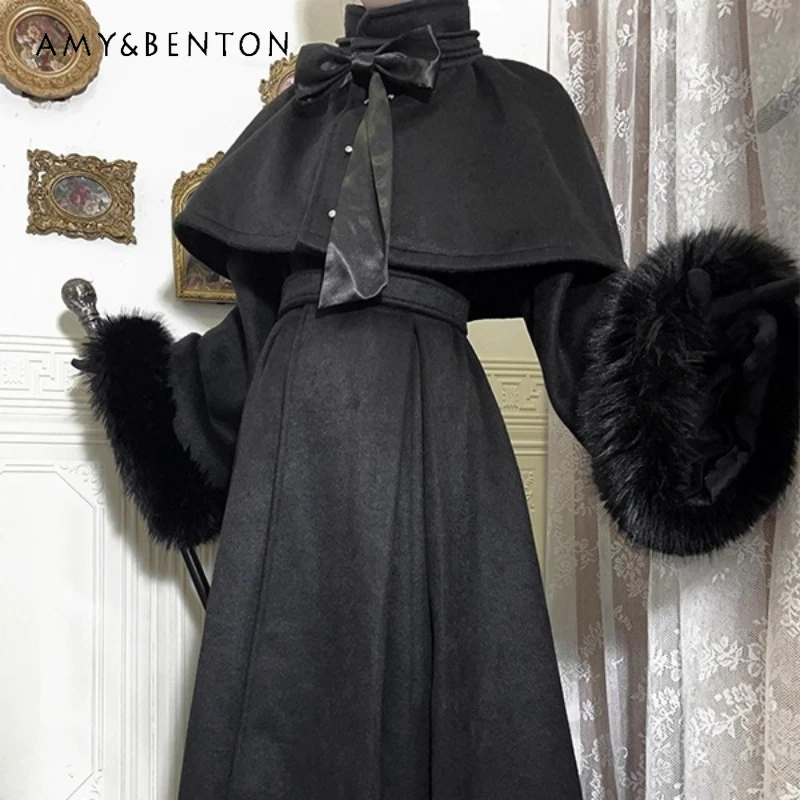 

Vintage Design Dark Gothic Style Women's Set 2025 Autumn Winter New Black Slimming Cape Shawl Long Dress Two-Piece Sets Ladies