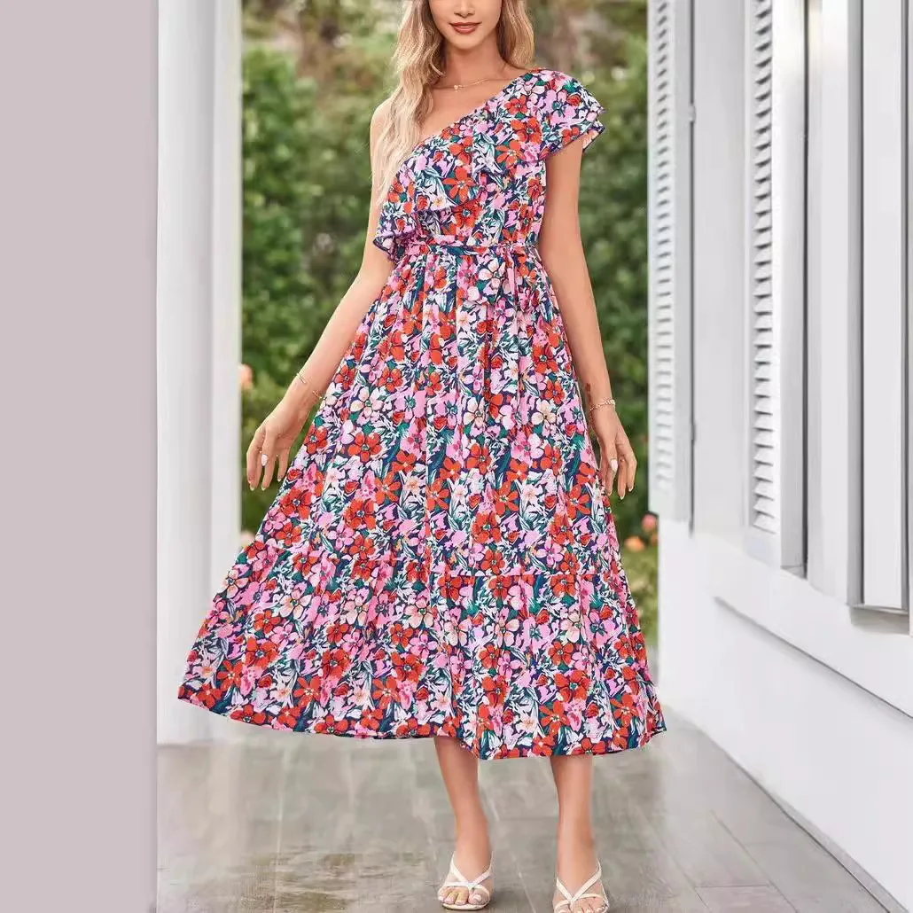 تنورة Ele 2024 للسيدات مطبوعة بدون أكتاف مع حواف من الدانتيل، تنورة متوسطة الطول من قماش البوليستر بنمط الأزهار