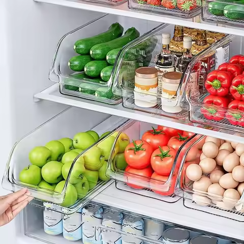 Large-capacity transparent refrigerator storage box, space-saving kitchen food cabinet organizer, easy-pull out design