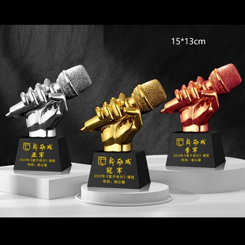맞춤형 레진 금은동 마이크 트로피, 좋은 음성 장식 음악상 컵, 노래 대회 크리스탈 받침대, 1개