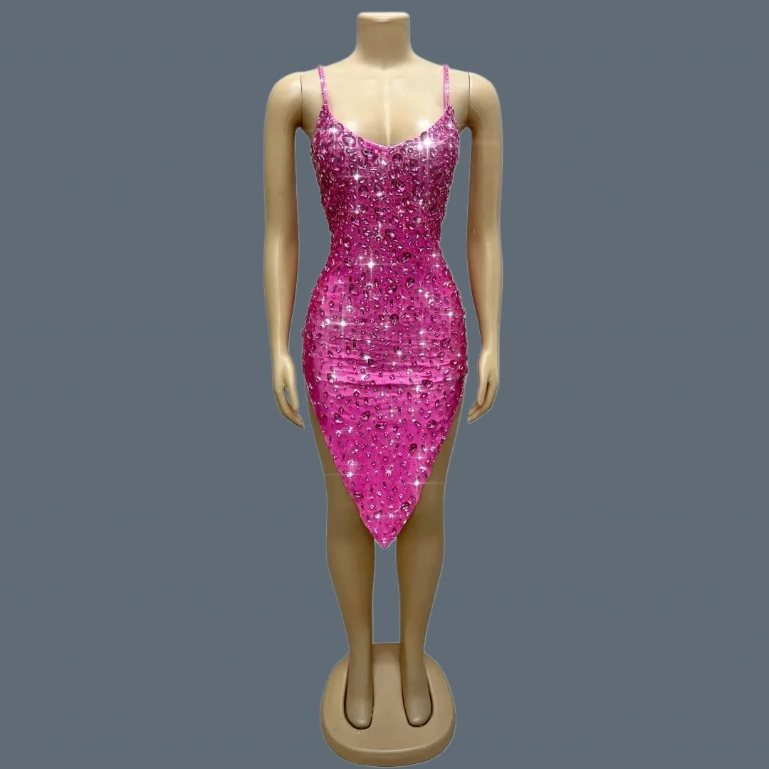 

Hot Pink Rhinestone Spaghetti Strap Mini Dress Women Asymmetrical Hem Stage Performance Wear Party Cocktail Dress Xingshanshan